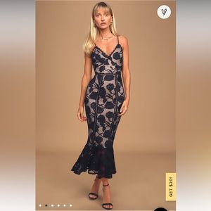 Alluring Dream Navy Blue Floral Mesh Lace Trumpet Midi Dress